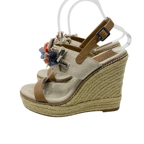 Tory Burch Tan Espadrille High Heel Wedge Sandals w Floral Detail Women's Sz 7.5 - Picture 4 of 11